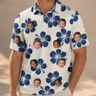 Model wearing Men's Deco Garden Custom Face Polo Shirt printed with kids' faces