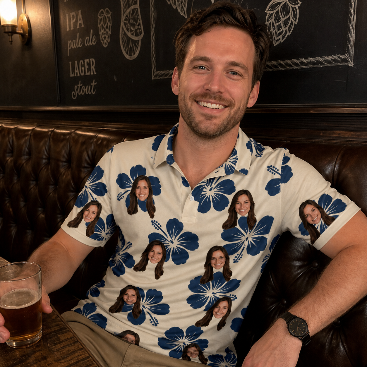 Real-life photo of someone wearing Men's Deco Garden Custom Face Polo Shirt — custom faces printed all-over