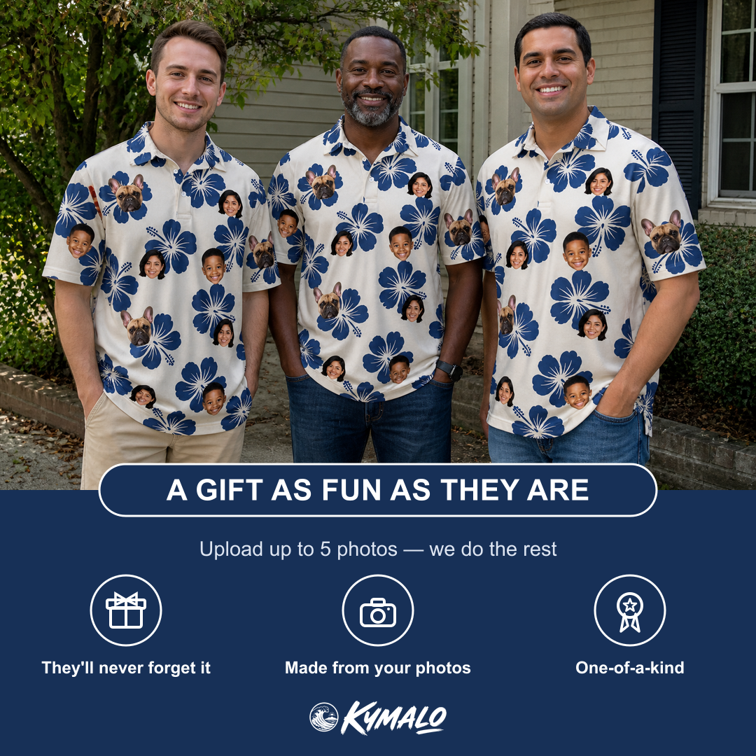 Friends in matching Men's Deco Garden Custom Face Polo Shirt — a group gift photo