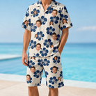 Model wearing Men's Deco Garden Custom Face Shirt & Shorts Set printed with kids' faces