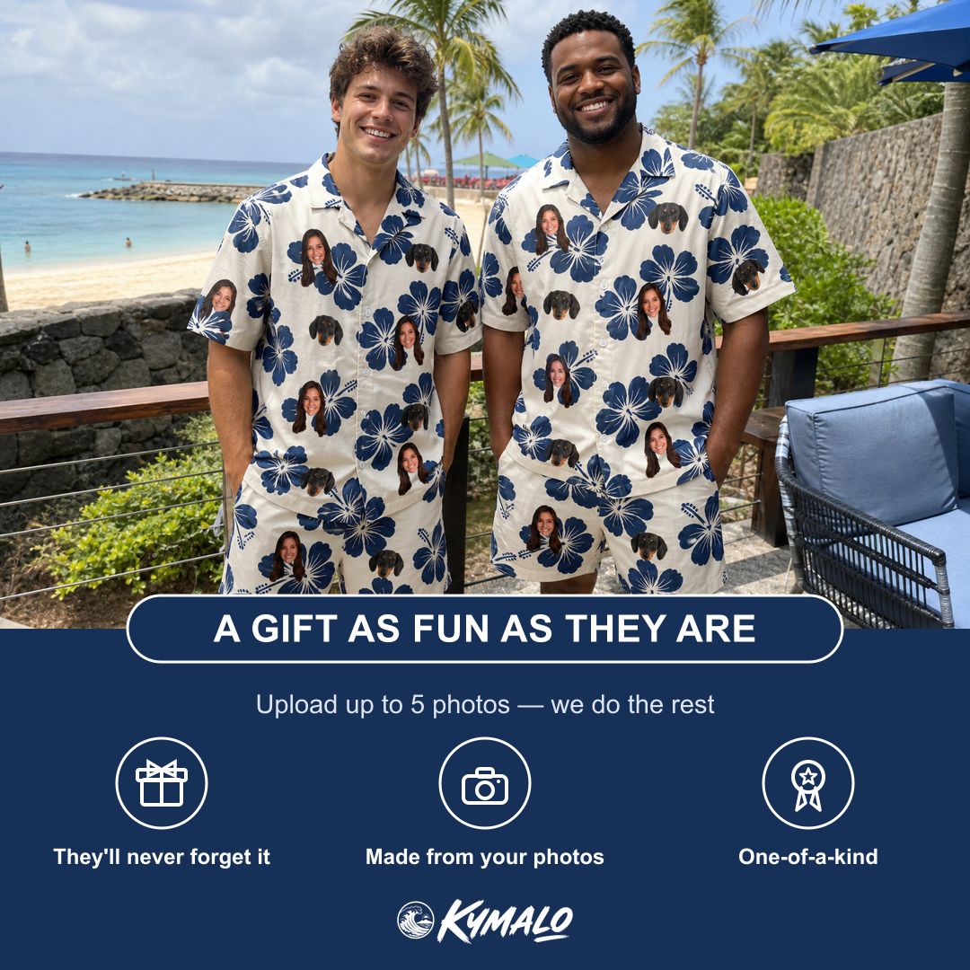 Friends in matching Men's Deco Garden Custom Face Shirt & Shorts Set — a group gift photo