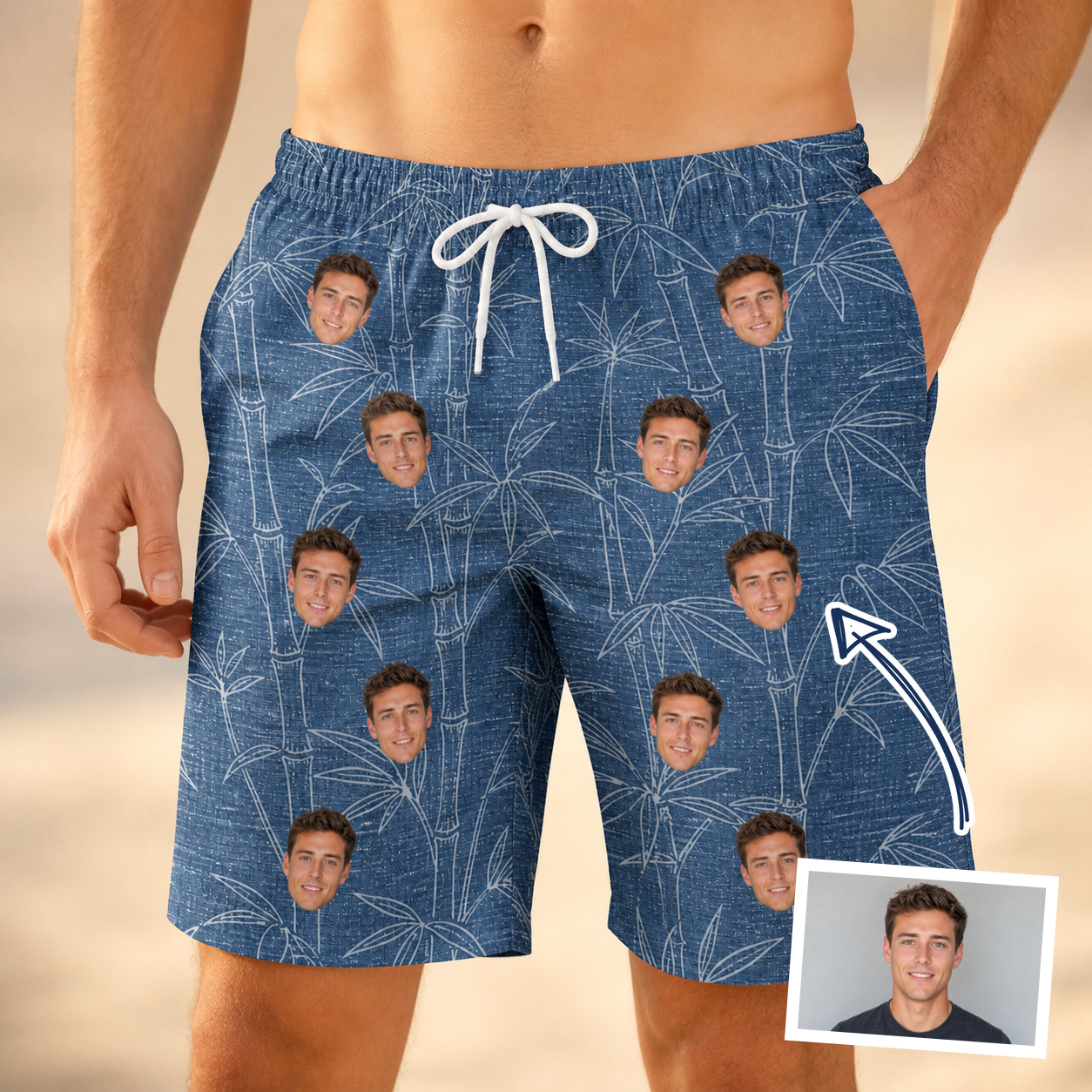 Man wearing Men's Jade Jetset Custom Face Beach Shorts — custom faces printed all-over