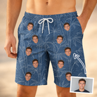 Man wearing Men's Jade Jetset Custom Face Beach Shorts — custom faces printed all-over