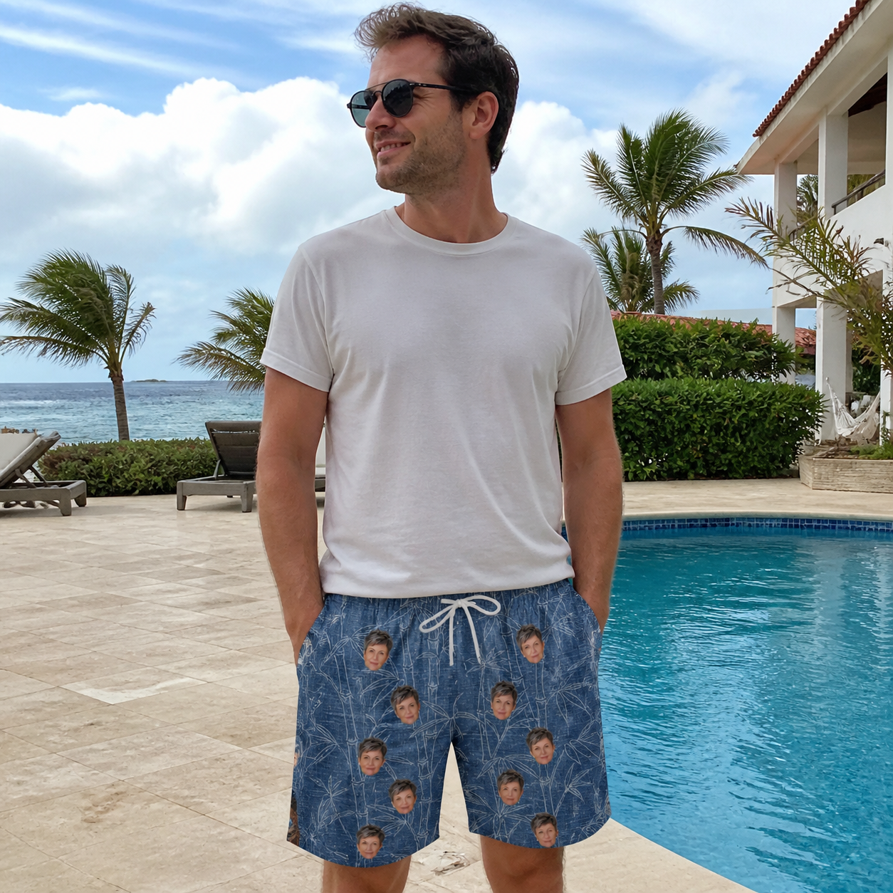 Real-life photo of someone wearing Men's Jade Jetset Custom Face Beach Shorts — custom faces printed all-over