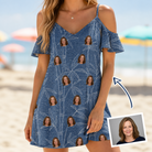 Woman wearing Women's Jade Jetset Custom Face Off-Shoulder Dress — custom faces printed all-over