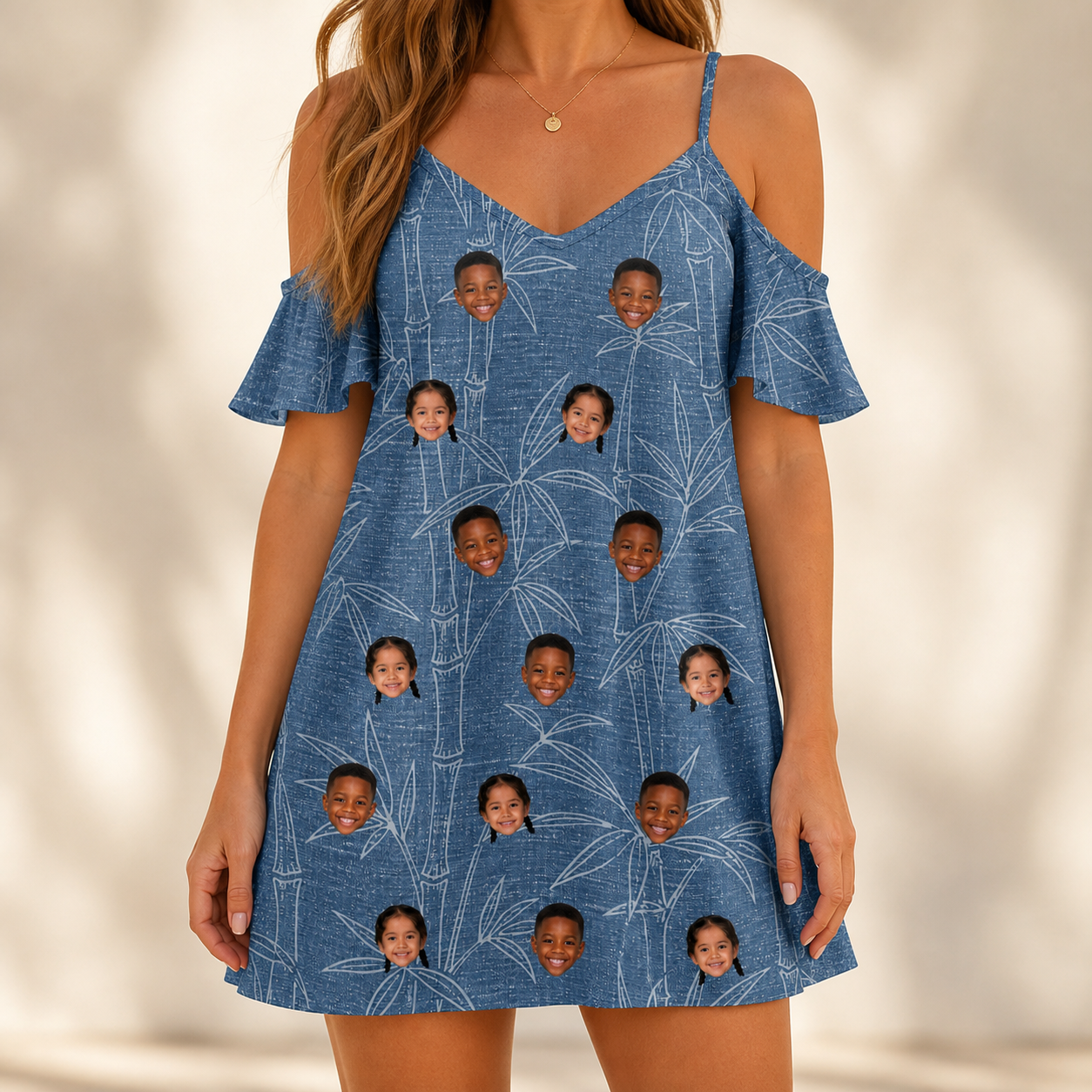 Model wearing Women's Jade Jetset Custom Face Off-Shoulder Dress printed with kids' faces
