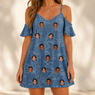 Model wearing Women's Jade Jetset Custom Face Off-Shoulder Dress printed with kids' faces