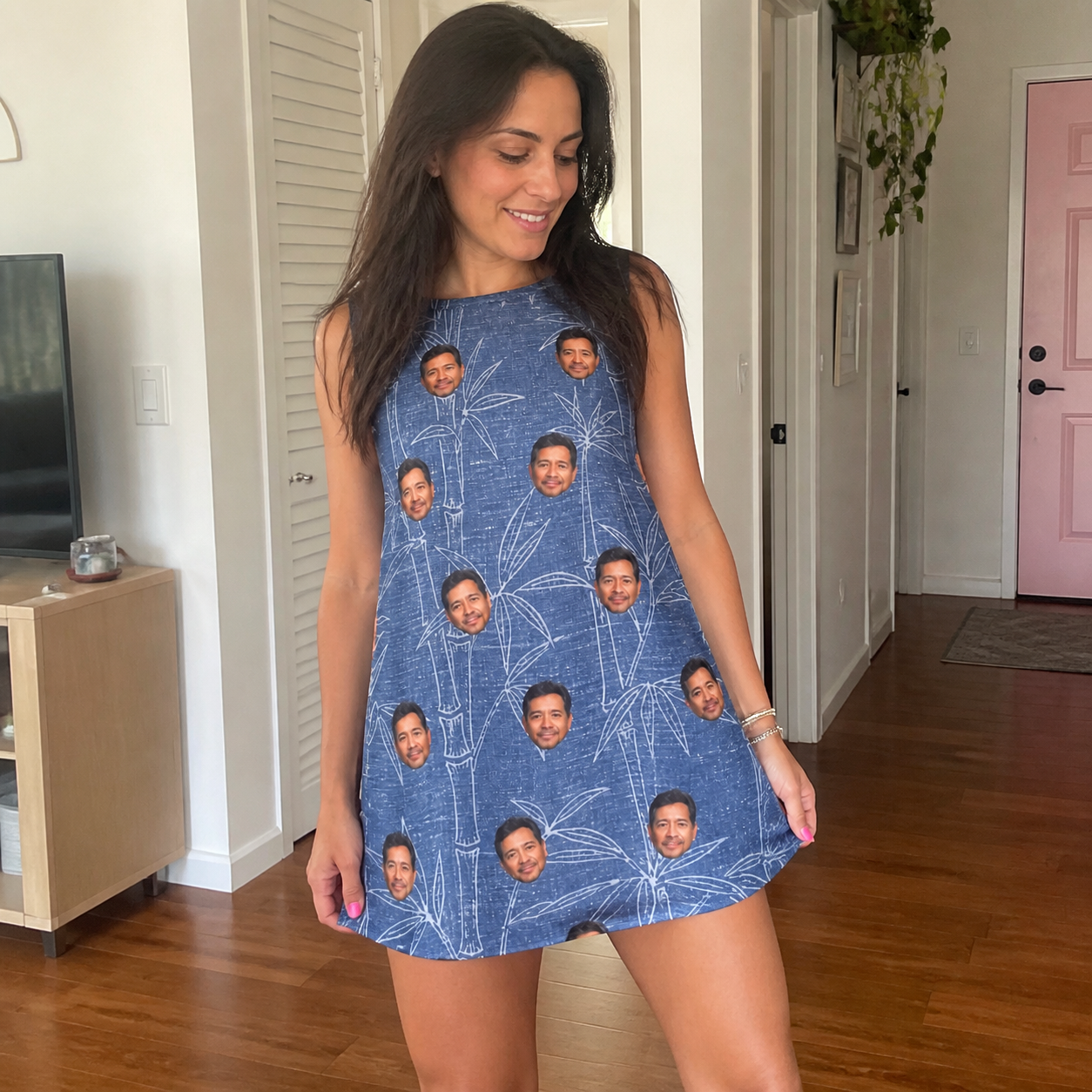 Real-life photo of someone wearing Women's Jade Jetset Custom Face Tank Dress — custom faces printed all-over