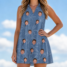Model wearing Women's Jade Jetset Custom Face V-Neck Dress printed with kids' faces