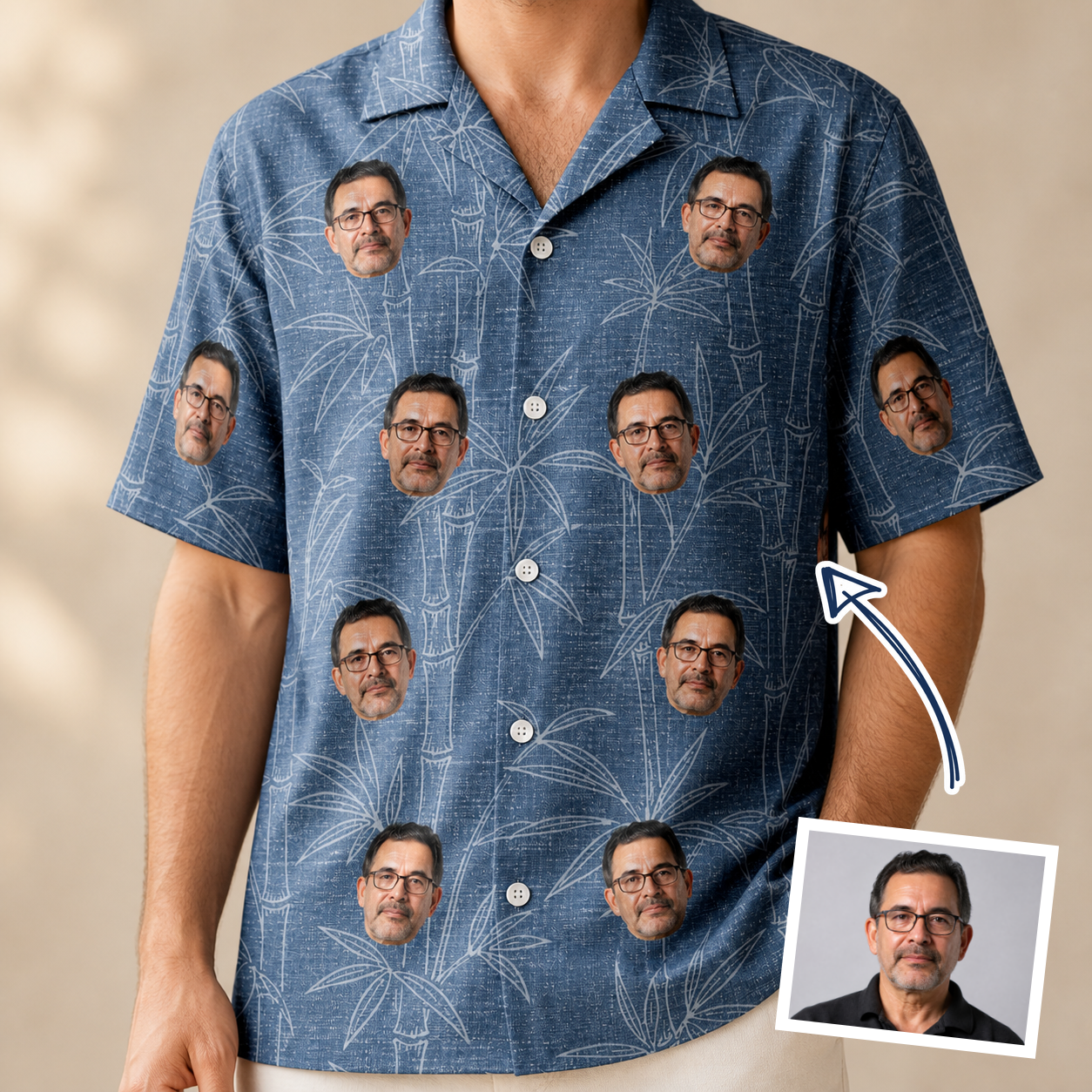 Man wearing Men's Jade Jetset Custom Face Hawaiian Shirt — custom faces printed all-over