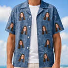 Man wearing Men's Jade Jetset Custom Face Hawaiian Shirt open over a white tee
