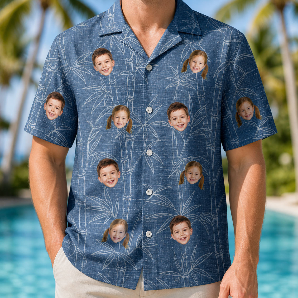 Model wearing Men's Jade Jetset Custom Face Hawaiian Shirt printed with kids' faces