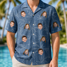 Model wearing Men's Jade Jetset Custom Face Hawaiian Shirt printed with kids' faces