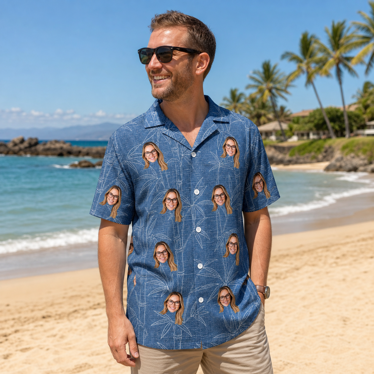 Real-life photo of someone wearing Men's Jade Jetset Custom Face Hawaiian Shirt — custom faces printed all-over