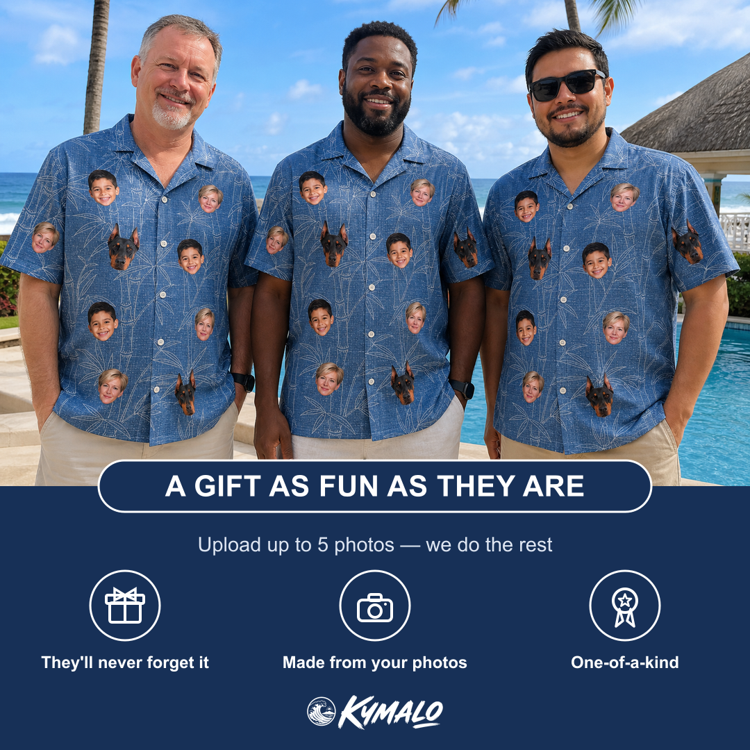 Friends in matching Men's Jade Jetset Custom Face Hawaiian Shirt — a group gift photo