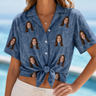 Woman wearing Women's Jade Jetset Custom Face Hawaiian Shirt tied at the waist