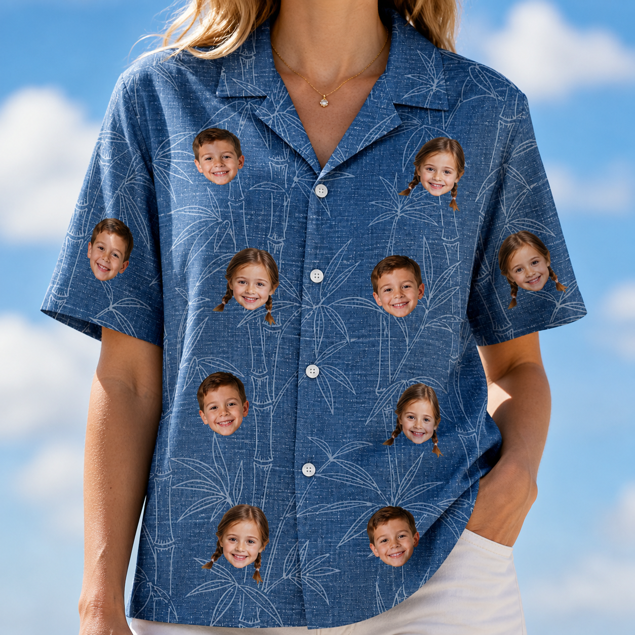 Model wearing Women's Jade Jetset Custom Face Hawaiian Shirt printed with kids' faces