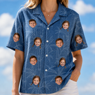 Model wearing Women's Jade Jetset Custom Face Hawaiian Shirt printed with kids' faces