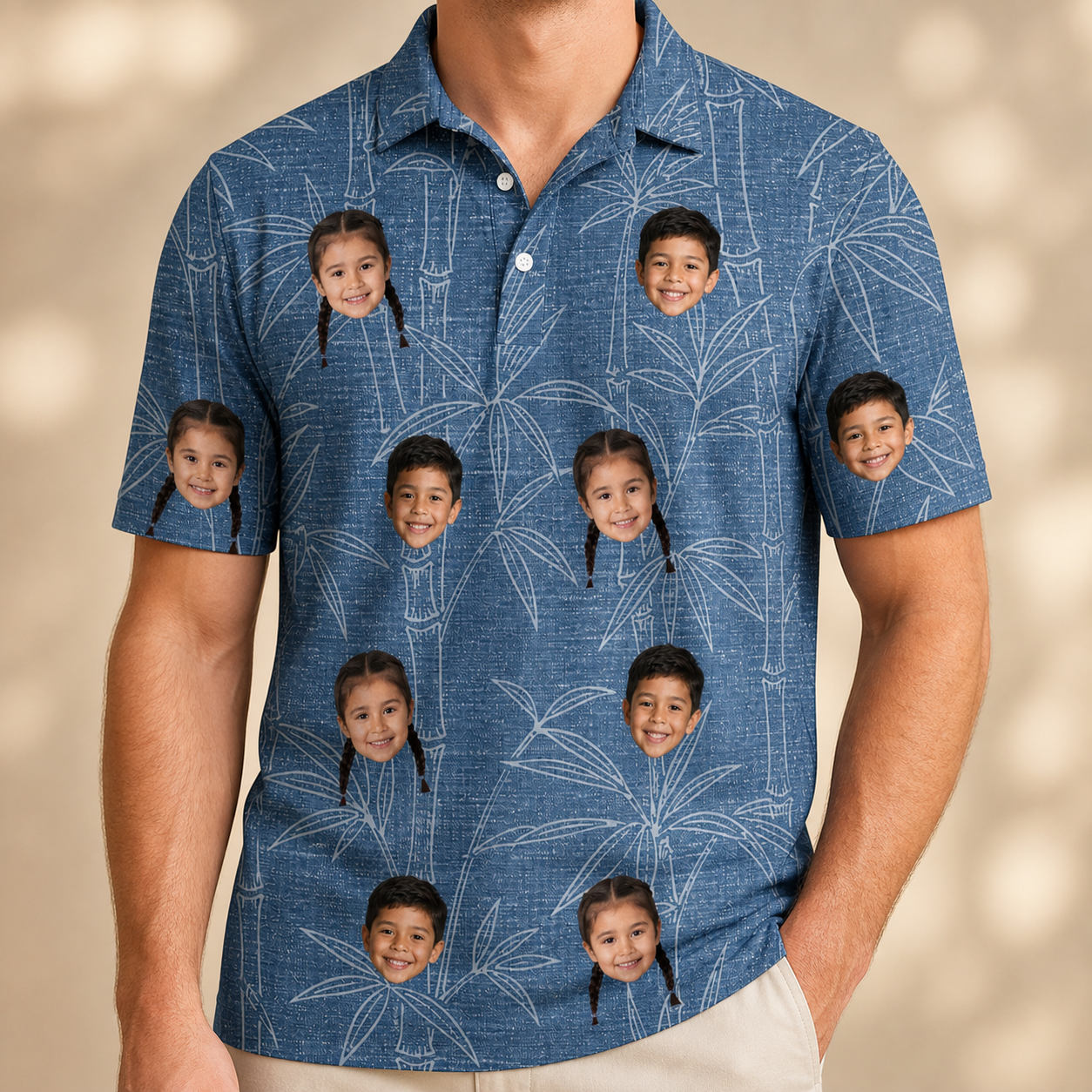 Model wearing Men's Jade Jetset Custom Face Polo Shirt printed with kids' faces