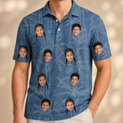 Model wearing Men's Jade Jetset Custom Face Polo Shirt printed with kids' faces