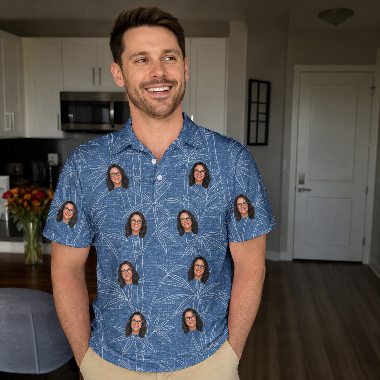 Real-life photo of someone wearing Men's Jade Jetset Custom Face Polo Shirt — custom faces printed all-over