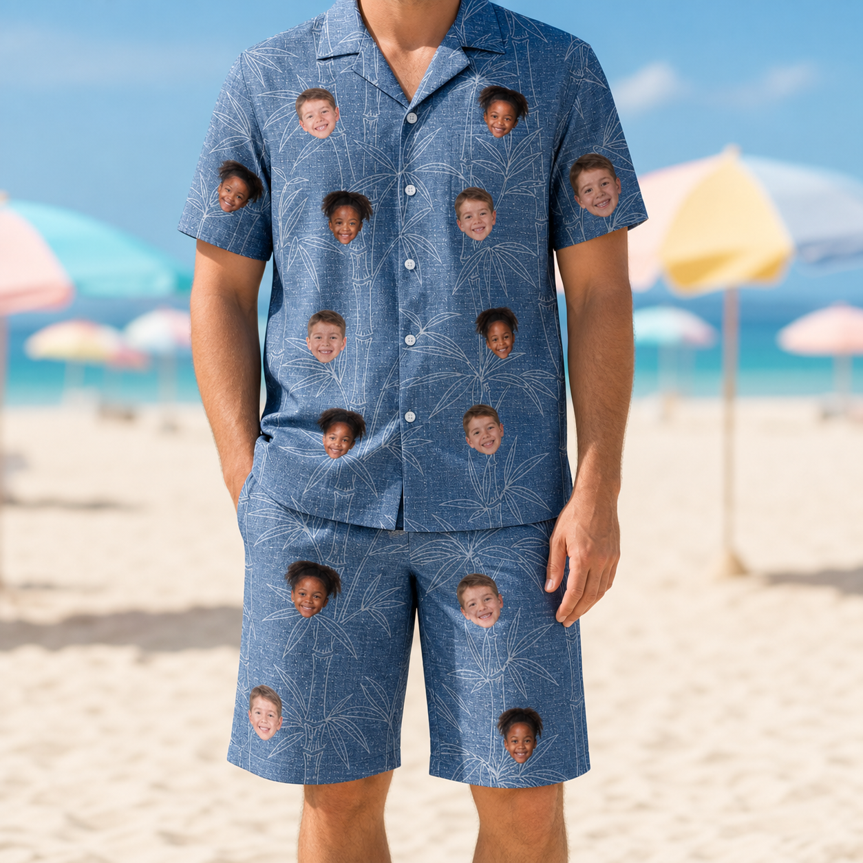 Model wearing Men's Jade Jetset Custom Face Shirt & Shorts Set printed with kids' faces