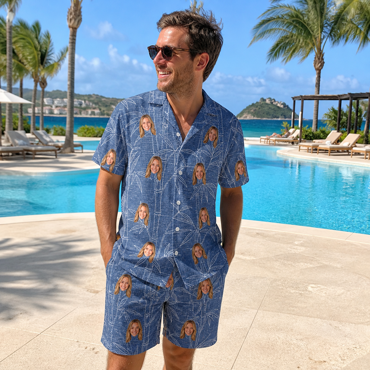 Real-life photo of someone wearing Men's Jade Jetset Custom Face Shirt & Shorts Set — custom faces printed all-over