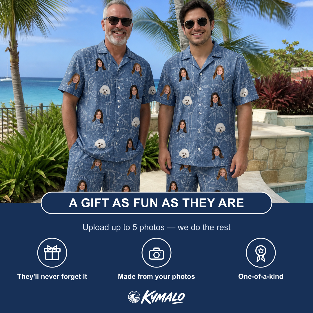 Friends in matching Men's Jade Jetset Custom Face Shirt & Shorts Set — a group gift photo