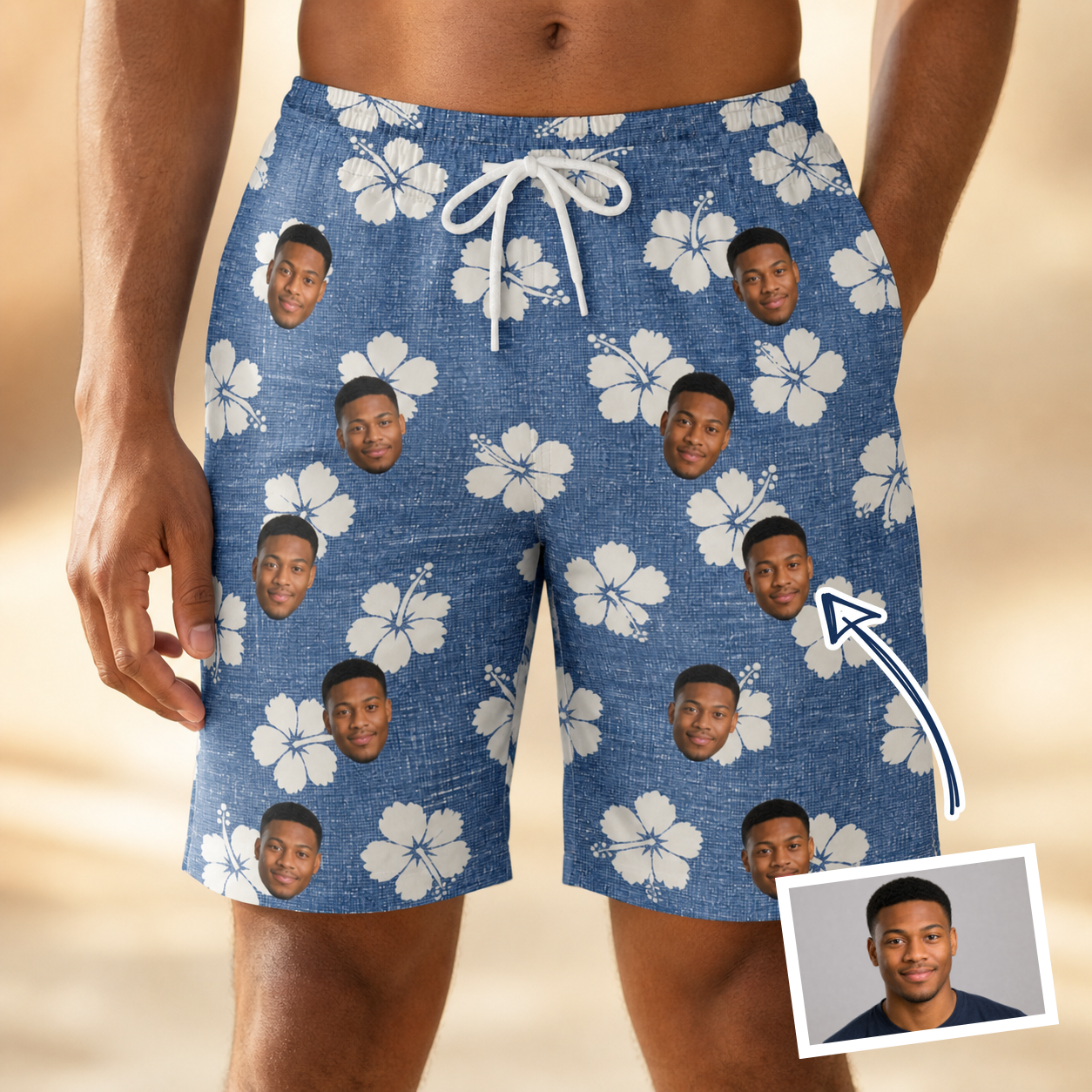 Man wearing Men's Riviera Reverie Custom Face Beach Shorts — custom faces printed all-over