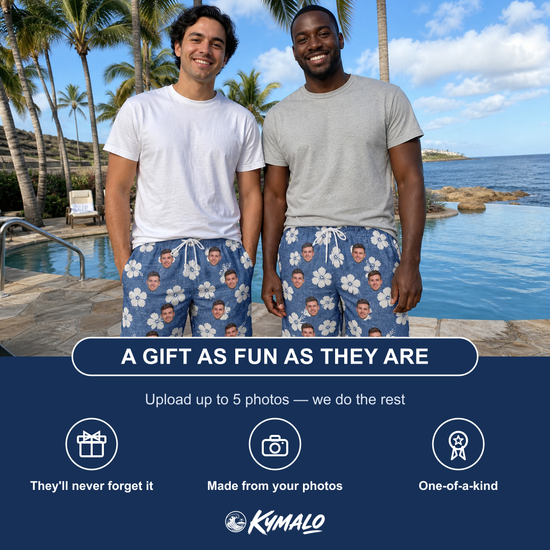 Friends in matching Men's Riviera Reverie Custom Face Beach Shorts — a group gift photo