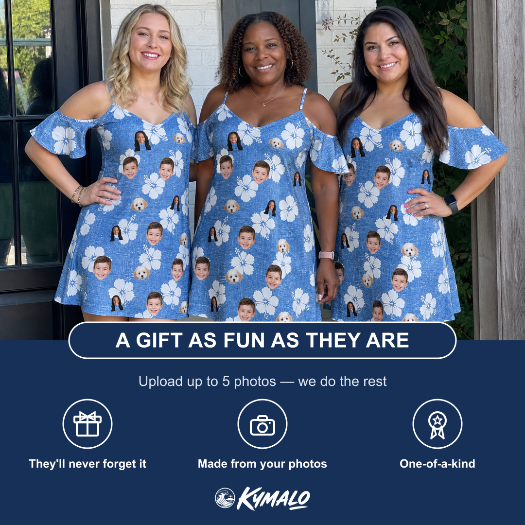 Friends in matching Women's Riviera Reverie Custom Face Off-Shoulder Dress — a group gift photo