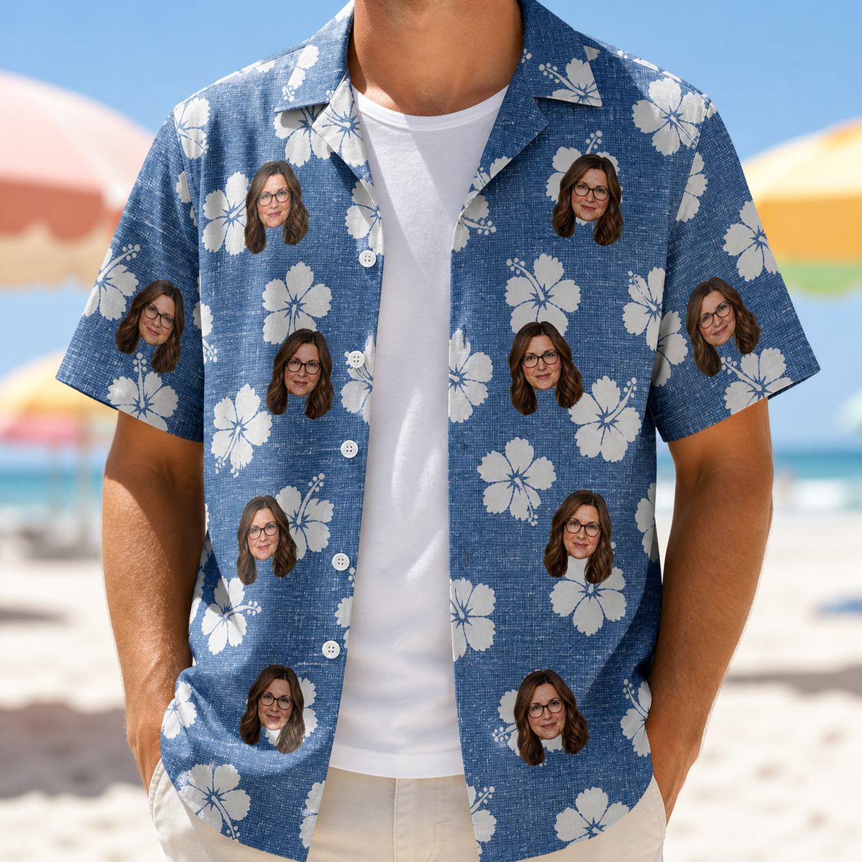 Man wearing Men's Riviera Reverie Custom Face Hawaiian Shirt open over a white tee