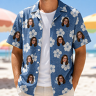 Man wearing Men's Riviera Reverie Custom Face Hawaiian Shirt open over a white tee