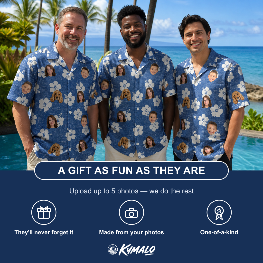 Friends in matching Men's Riviera Reverie Custom Face Hawaiian Shirt — a group gift photo
