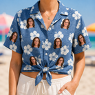 Woman wearing Women's Riviera Reverie Custom Face Hawaiian Shirt tied at the waist