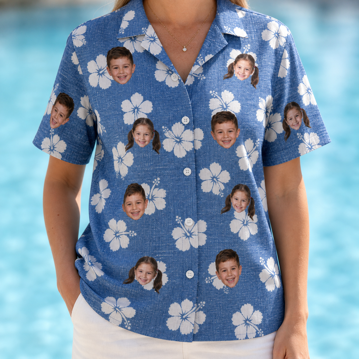 Model wearing Women's Riviera Reverie Custom Face Hawaiian Shirt printed with kids' faces