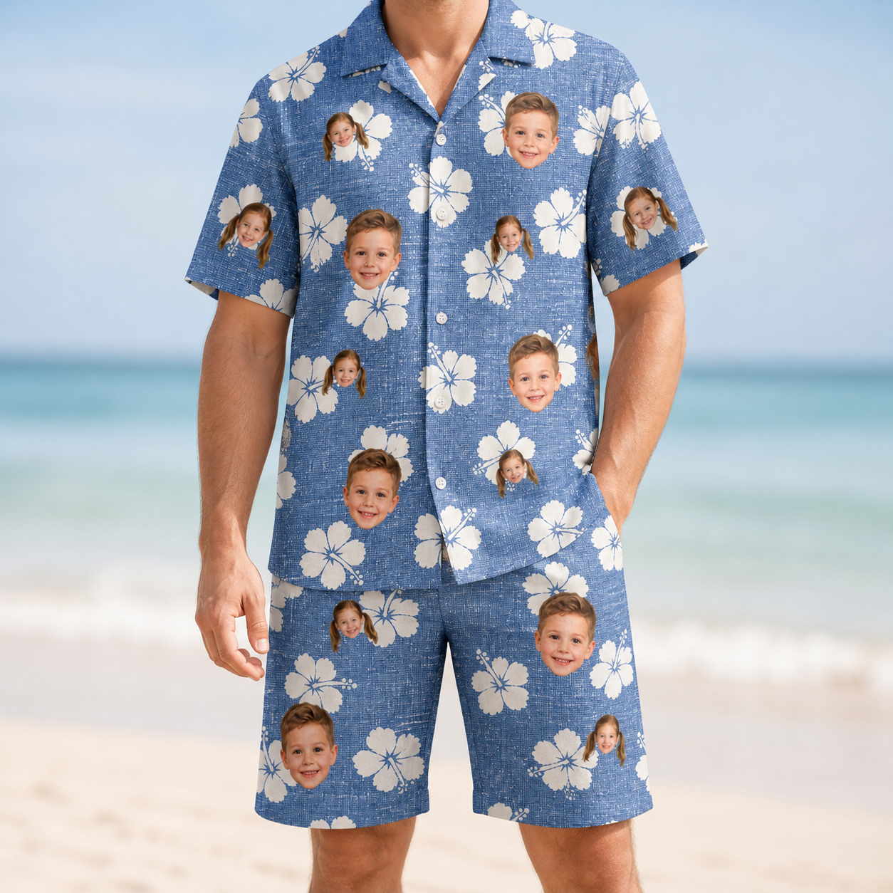 Model wearing Men's Riviera Reverie Custom Face Shirt & Shorts Set printed with kids' faces