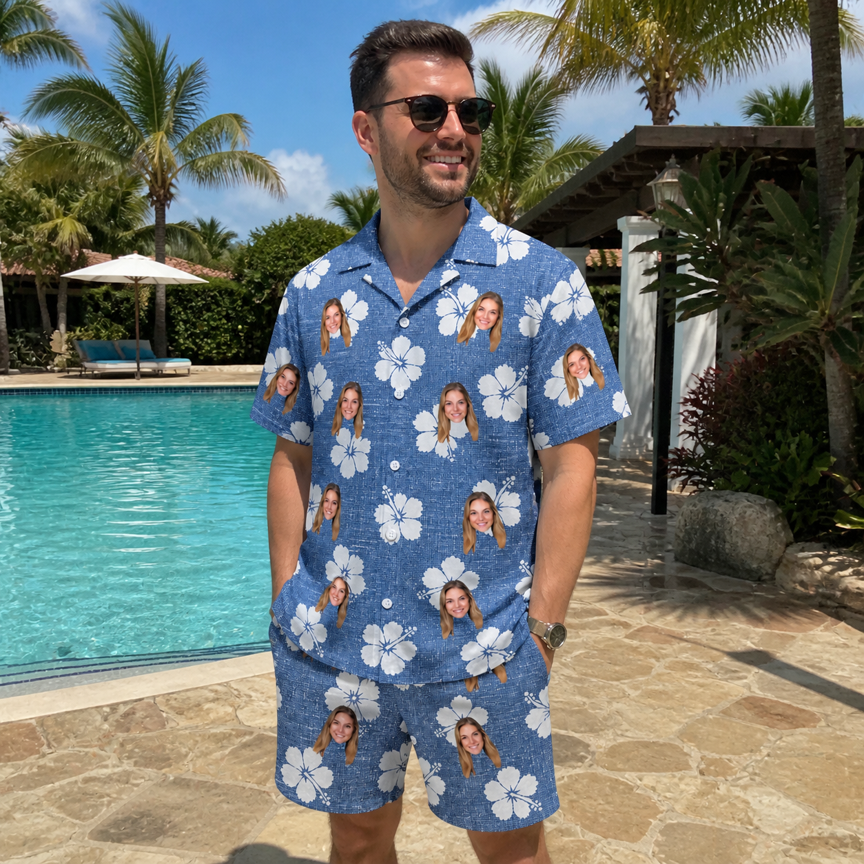 Real-life photo of someone wearing Men's Riviera Reverie Custom Face Shirt & Shorts Set — custom faces printed all-over