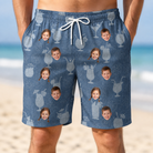 Model wearing Men's Retro Rhumba Custom Face Beach Shorts printed with kids' faces