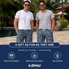 Friends in matching Men's Retro Rhumba Custom Face Beach Shorts — a group gift photo