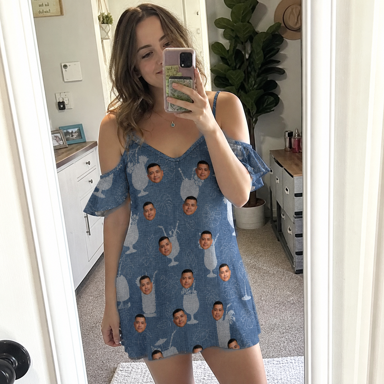 Real-life photo of someone wearing Women's Retro Rhumba Custom Face Off-Shoulder Dress — custom faces printed all-over
