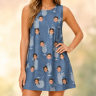 Model wearing Women's Retro Rhumba Custom Face Tank Dress printed with kids' faces