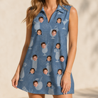 Model wearing Women's Retro Rhumba Custom Face V-Neck Dress printed with kids' faces