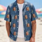 Man wearing Men's Retro Rhumba Custom Face Hawaiian Shirt open over a white tee