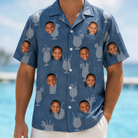 Model wearing Men's Retro Rhumba Custom Face Hawaiian Shirt printed with kids' faces
