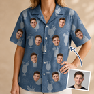 Woman wearing Women's Retro Rhumba Custom Face Hawaiian Shirt — custom faces printed all-over
