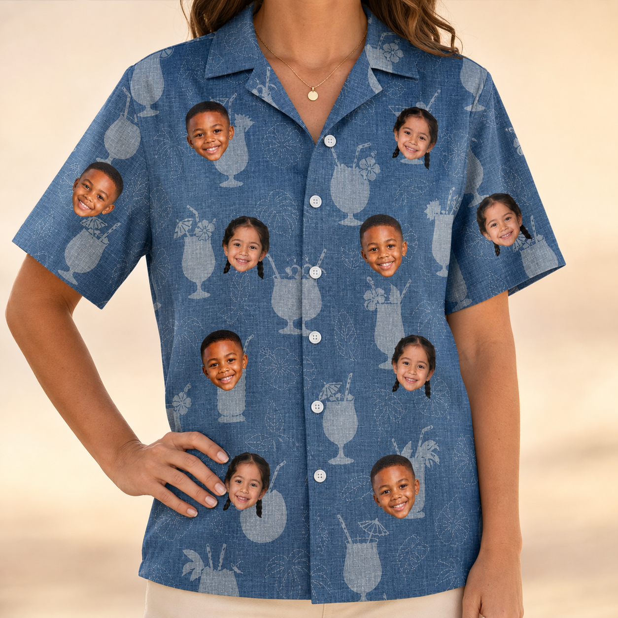Model wearing Women's Retro Rhumba Custom Face Hawaiian Shirt printed with kids' faces