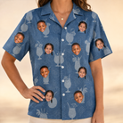 Model wearing Women's Retro Rhumba Custom Face Hawaiian Shirt printed with kids' faces