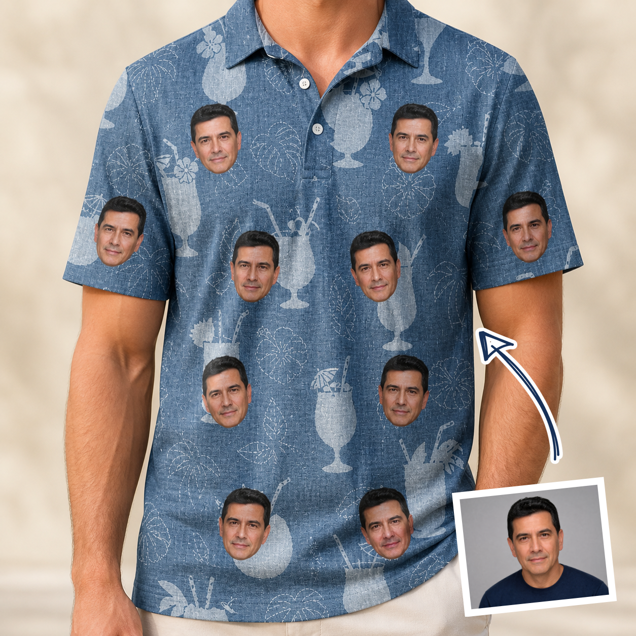 Man wearing Men's Retro Rhumba Custom Face Polo Shirt — custom faces printed all-over