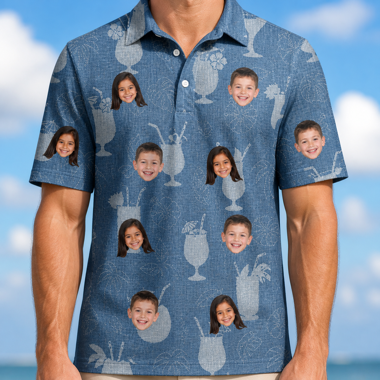 Model wearing Men's Retro Rhumba Custom Face Polo Shirt printed with kids' faces